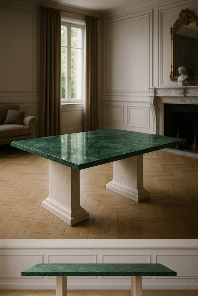 A modern green marble dining table with a beige pedestal base in an elegant room featuring wooden flooring, curtains, and a fireplace.
